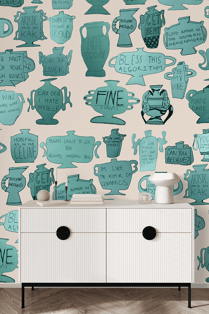 Wallpaper with teal and blue pottery illustrations featuring unique, handwritten phrases.