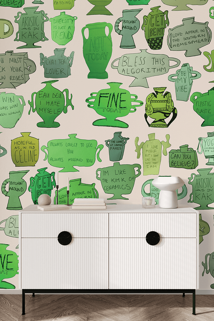 Wallpaper featuring an array of green-colored vases and ceramics with phrases including "Not Today," "Bless This Algorithm," and "Hopeful as a kitten." The vases showcase various shades of green from mint to jade. Noteworthy elements include unique ceramic designs and hand-painted text.