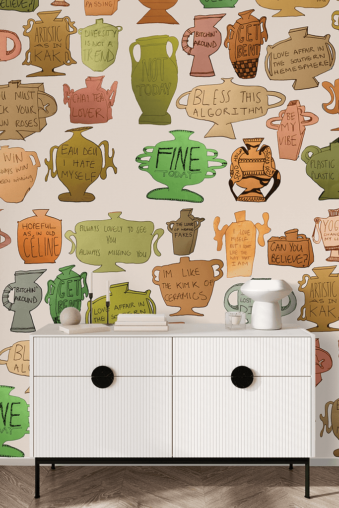 Vibrant, whimsical wallpaper with colorful hand-drawn vases. Comical and motivational quotes adorn the vases. Bright hues and playful designs dominate the aesthetic. Elements: hand-drawn vases, comical quotes, motivational quotes, vibrant colors.