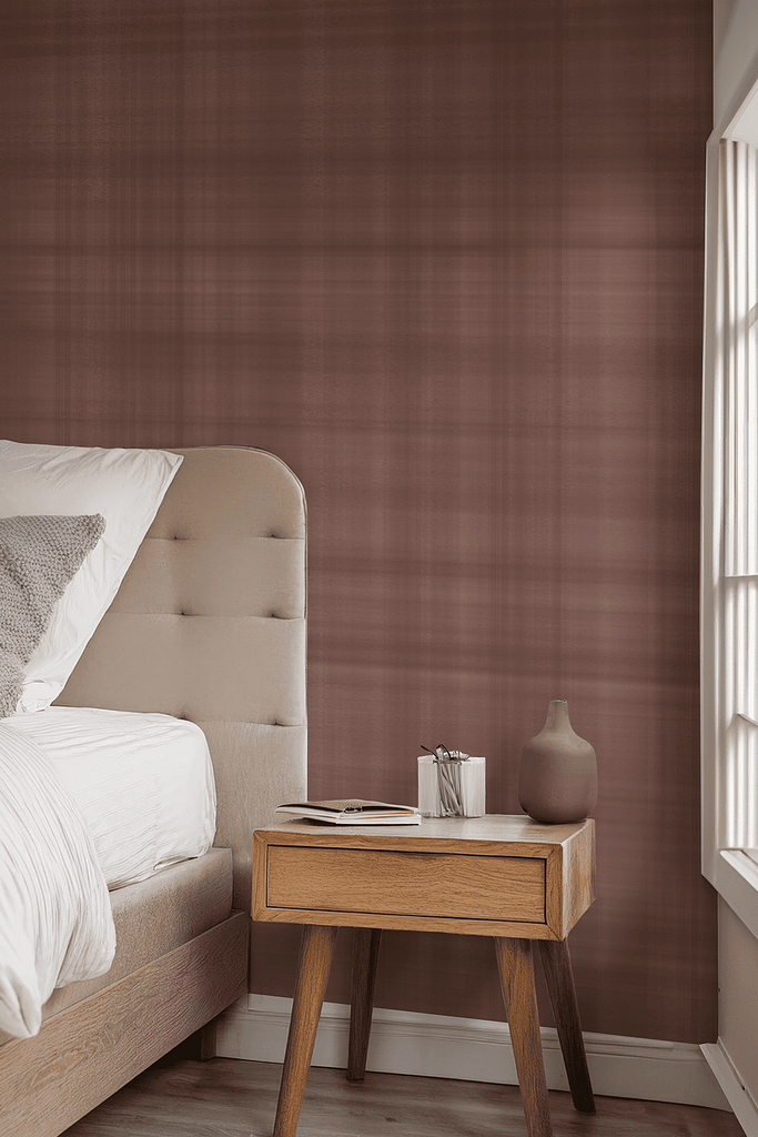 The wallpaper in the modern bedroom is a warm, reddish-brown color.