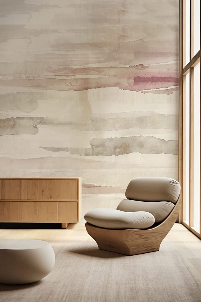 Textured, abstract design in pastel tones; wallpaper elements feature soft hues and abstract patterns suitable for minimalist settings.