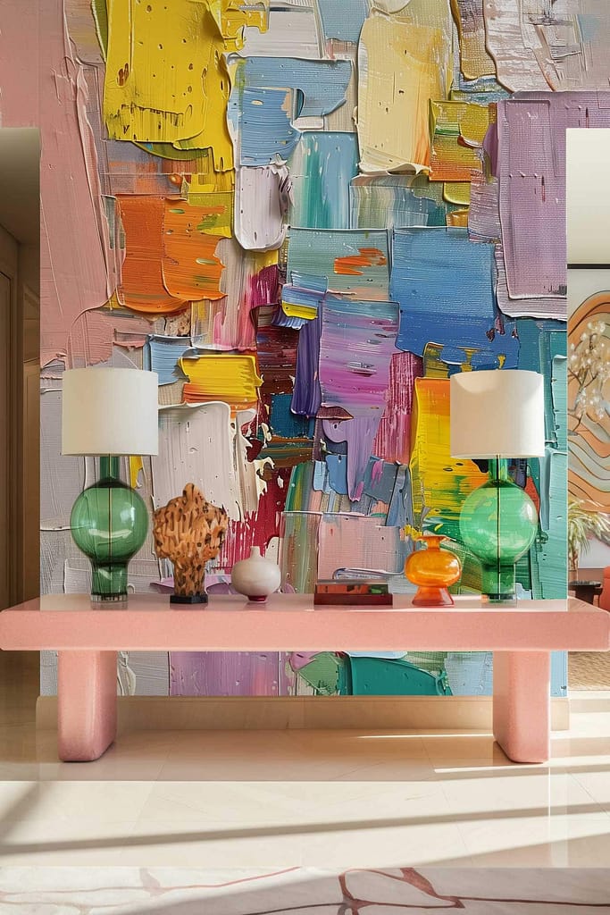 The wallpaper features a vibrant abstract painting with thick, colorful brushstrokes. It incorporates hues of pink, green, and coral in an eclectic style.