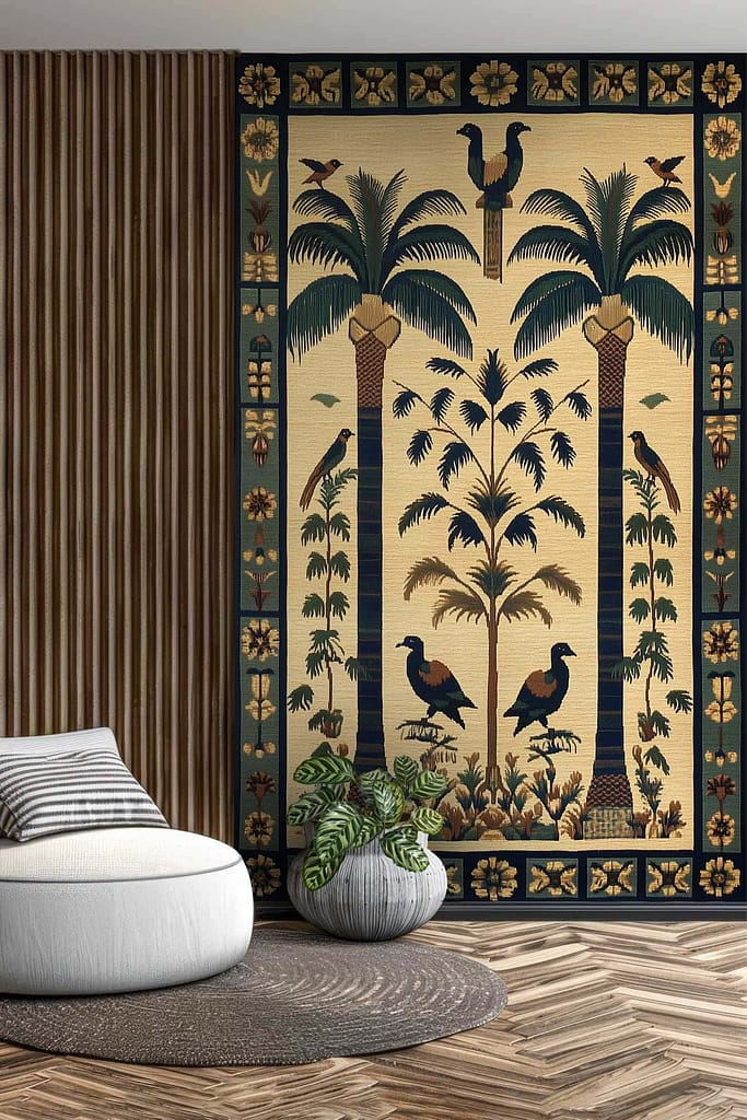 Tropical wallpaper with palm trees, birds, floral designs; beige background accented with green, brown, mustard tones.
