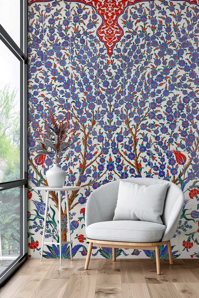 Vibrant blue and red floral patterns, artistic, lively atmosphere.