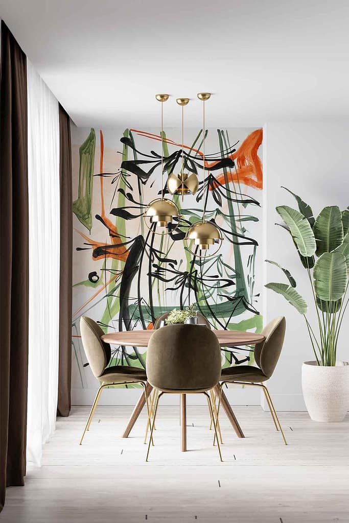Large abstract mural featuring green, black, and orange brushstrokes.