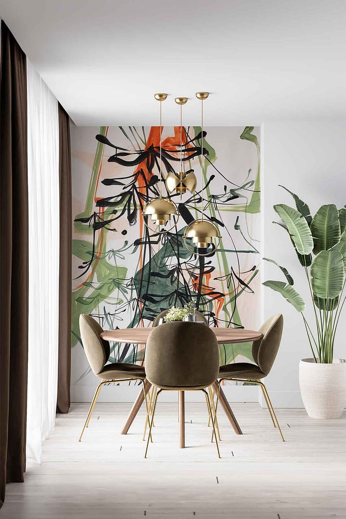 The abstract, colorful wall mural in the modern dining room features vibrant splashes of teal, mustard yellow, coral red, and deep indigo. Organic shapes and bold brushstrokes create a dynamic pattern that draws the eye. The interplay of these hues against the light wood flooring enhances the room's bright ambiance. Touches of white and gold accents within the mural echo the elegance of gold pendant lights and green velvet chairs. The mural transforms into an artistic focal point with its lively mix of colors, adding energy to the space.