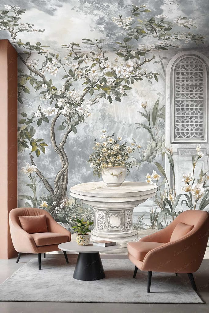 The wallpaper features a captivating mural of a flowering tree, ornate garden table, and classical architectural elements. It showcases serene elegance with colors including varying greens for foliage, soft botanical hues for flowers, subtle earth tones for the table and architecture, all reminiscent of tranquility near a tidal pool.
