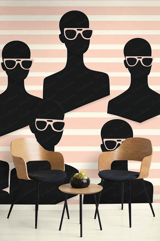 Beige backdrop, silhouettes wearing sunglasses, serene tidal pools at sunset.