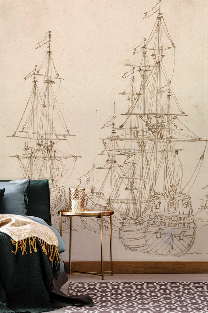 The wallpaper features a nautical theme, showcasing detailed vintage ship sketches with intricate linework and classic maritime elements. The primary colors include deep navy blues and soft sepia tones that highlight the aged, timeless quality of the images. Subtle hints of gray and faded black enhance the antique look, while touches of white provide contrast and clarity to the ship designs.