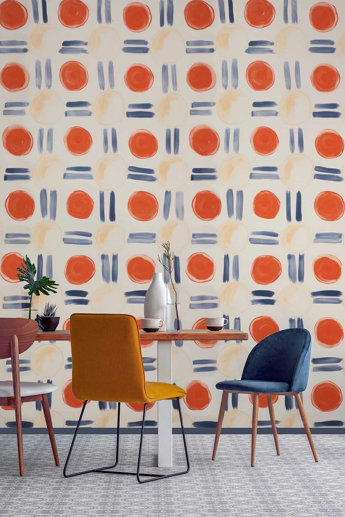 The bold, patterned wallpaper features striking red circles, subtle beige circles, and sleek black lines.