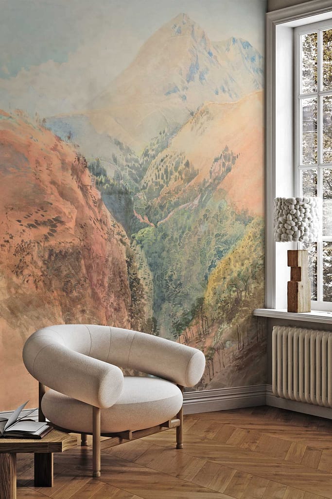 Pastel mountain landscape wallpaper featuring soft gradient peaks in blush pink, muted lavender, gentle blue, and creamy beige tones; evokes tranquility with layered hills fading into a serene sky.