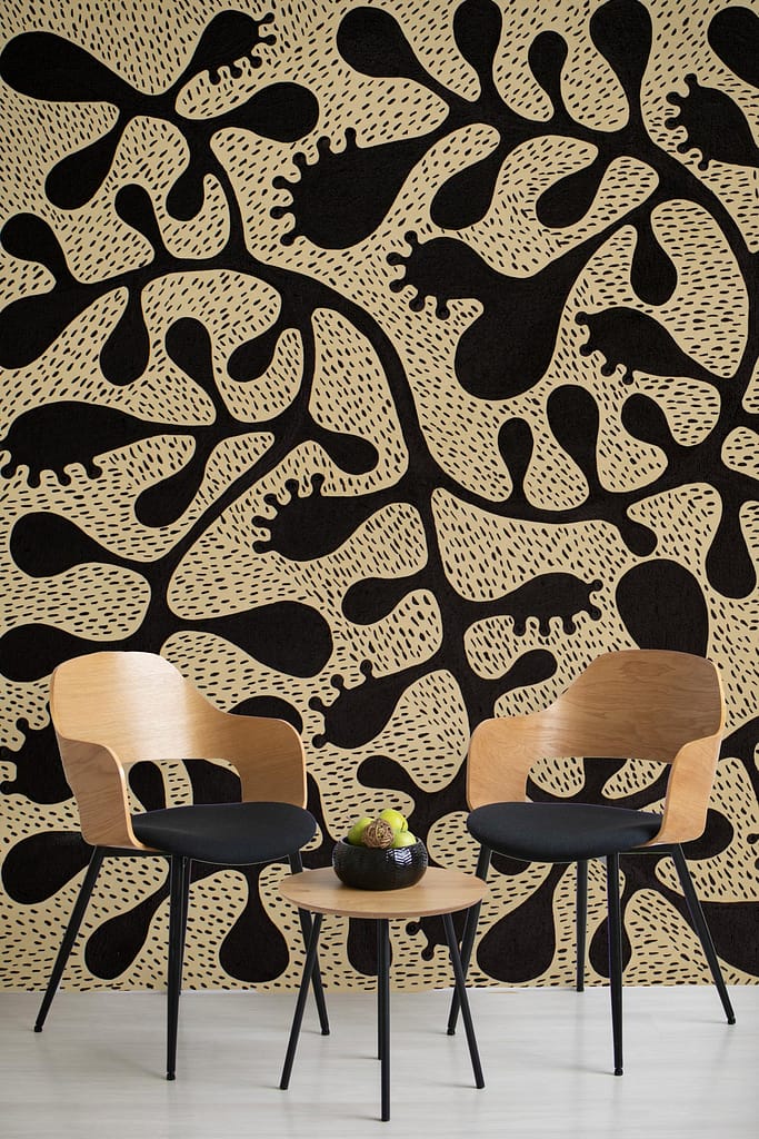 Abstract wallpaper features a black and earthen clay organic pattern. The design includes flowing, irregular shapes in deep black contrasted with warm, earthy clay tones.