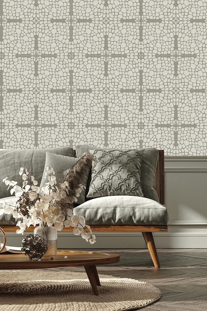 Coffee bean-toned wallpaper featuring a repeating geometric pattern with rich brown, mocha, and cream hues; subtle gold accents; textured matte finish; mid-century modern style motifs with softly curved lines and abstract shapes.