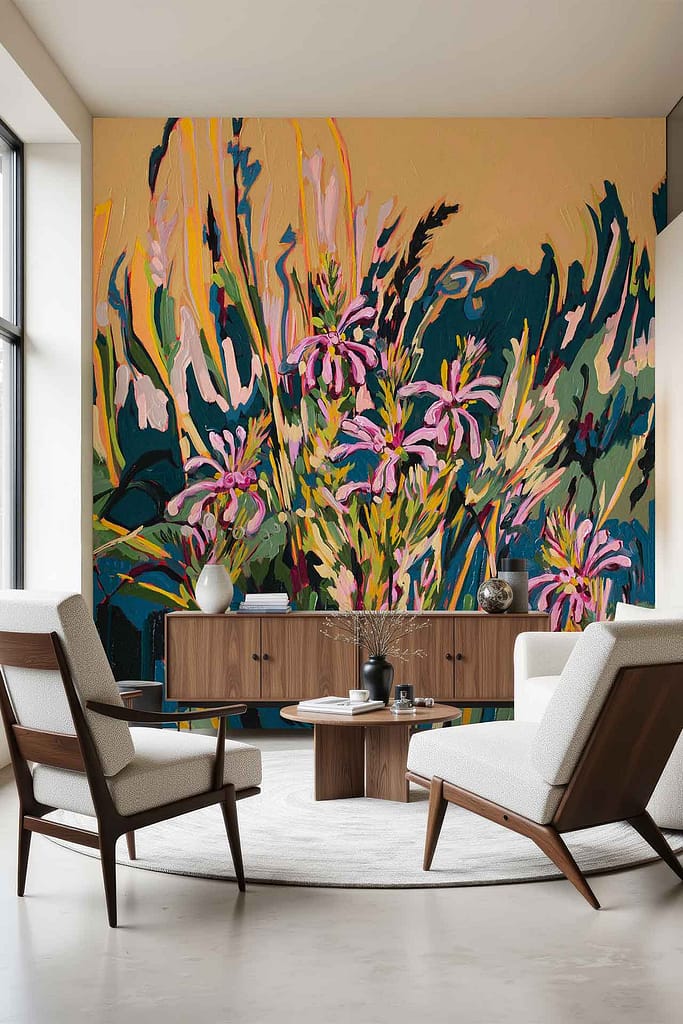 Abstract wallpaper mural featuring vibrant pink flowers and lush green leaves from the Saunter series, forming a bold, colorful botanical pattern on the wall.