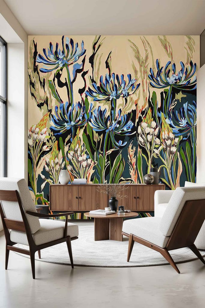 Vibrant mural wallpaper from the Saunter series, featuring large abstract blue and green flowers. Bold, artistic flower shapes dominate the background with a mix of rich turquoise, deep green, and hints of lighter shades for contrast.