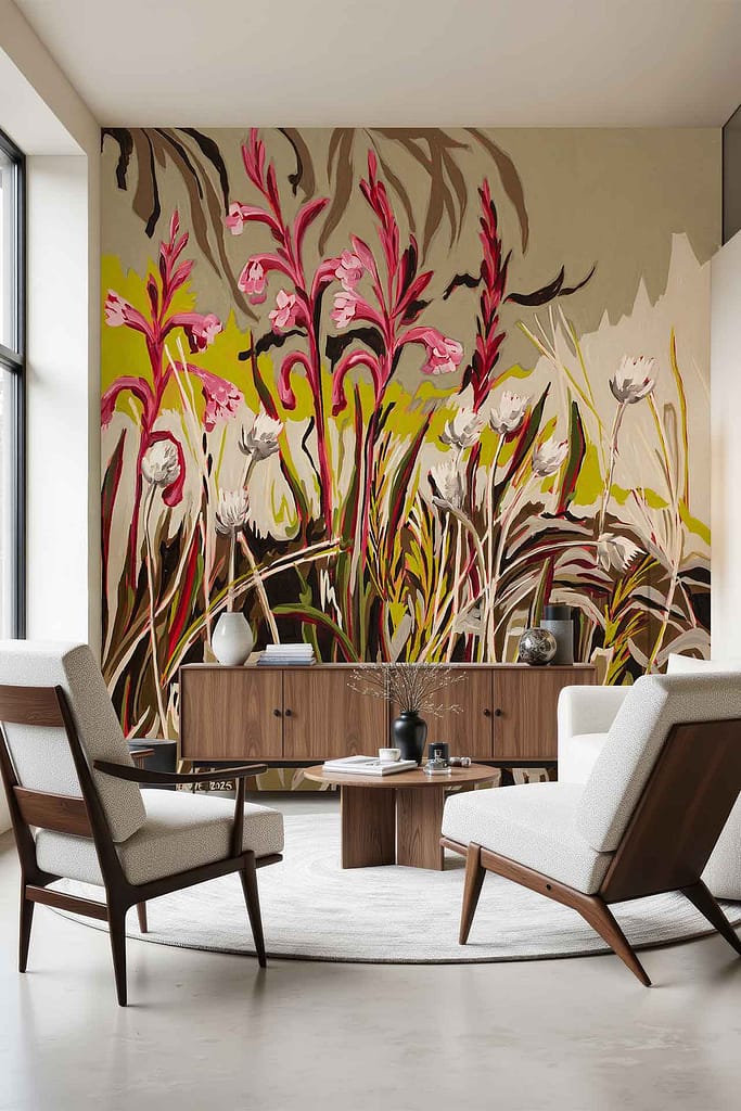 Large, colorful floral wallpaper mural from the Saunter series featuring prominent pink and red flowers with subtle yellow Helichrysum accents.