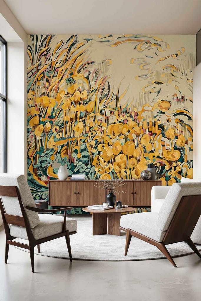 Colorful mural wallpaper featuring vibrant yellow sewejaartjies flowers and swirling patterns with bold, lively colors as the central design element.