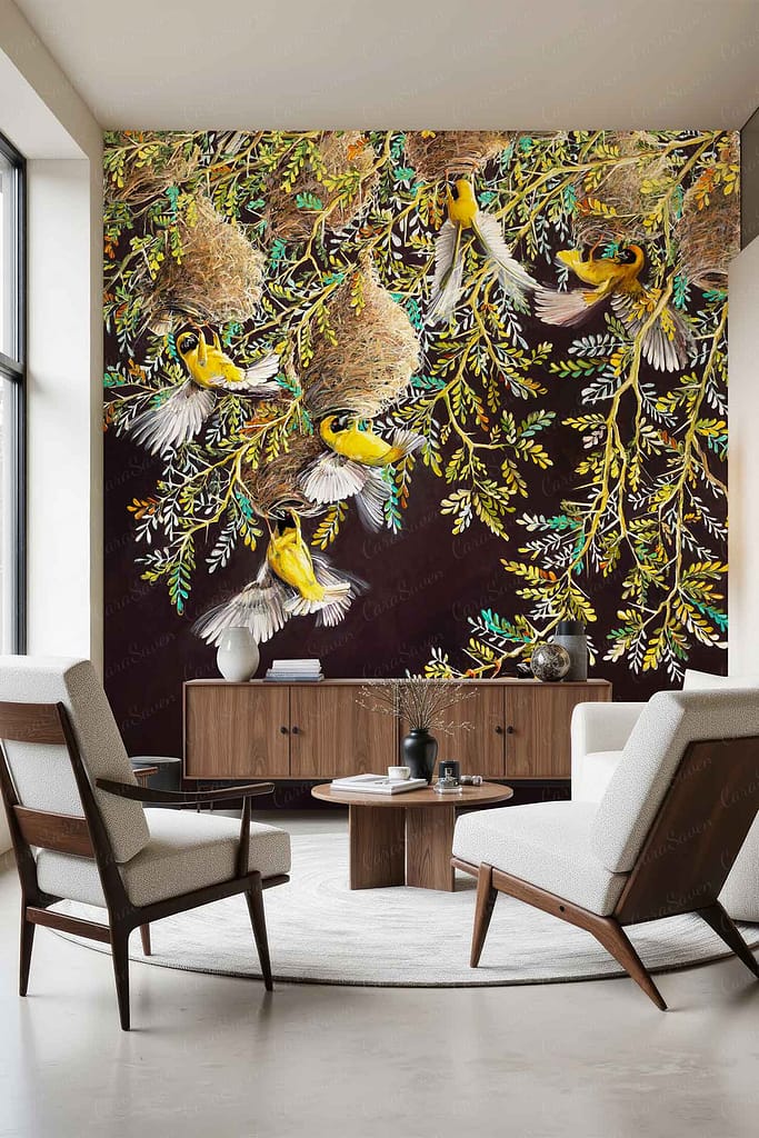 Wallpaper with vibrant yellow birds building nests among green leafy branches, shimmering accents resembling Diamante jewelry.