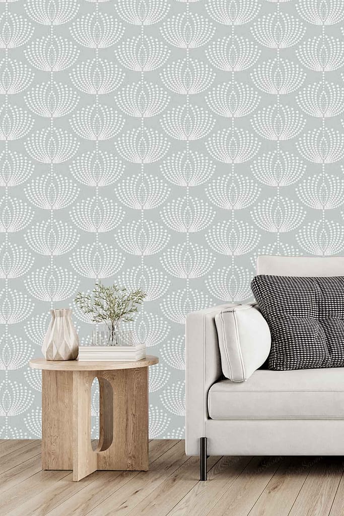 Light gray patterned wallpaper featuring subtle geometric designs in soft neutral tones, creating a modern and understated backdrop for the living room.