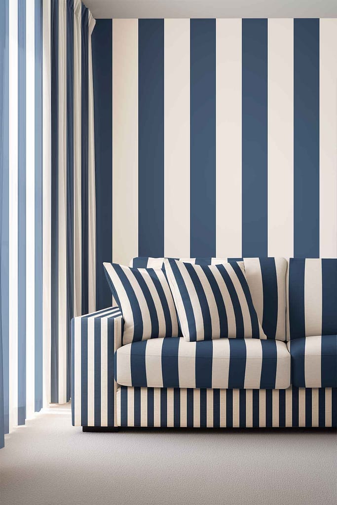 Wallpaper with bold vertical blue and white stripes, creating a striking and coordinated visual effect.