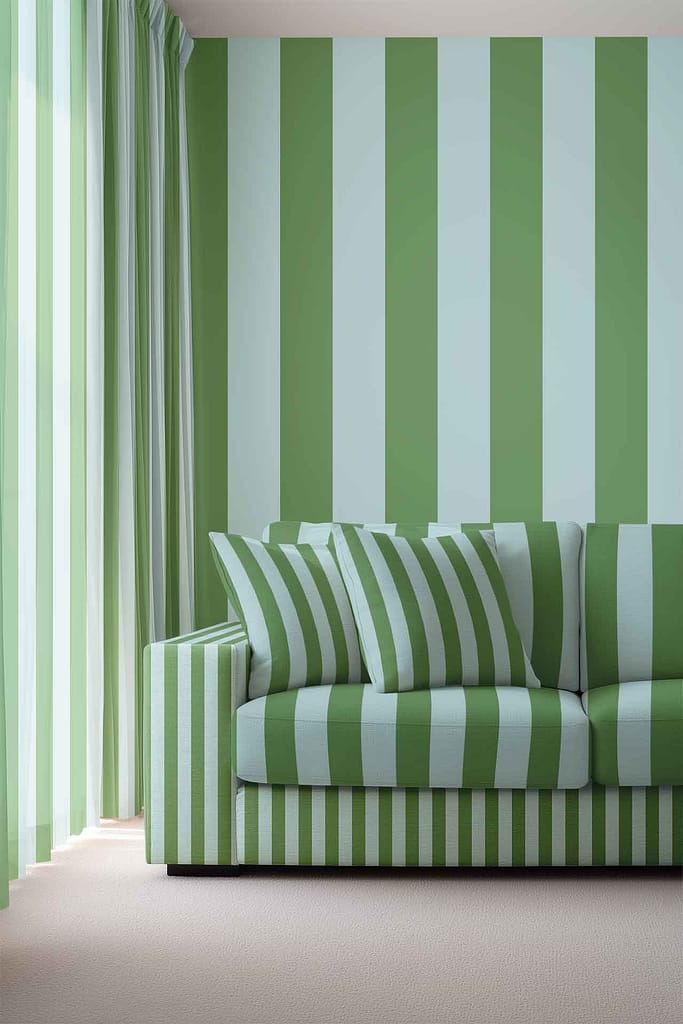 Wallpaper with vertical stripes in green, white, and blue; bold color bands create a vibrant, patterned backdrop.