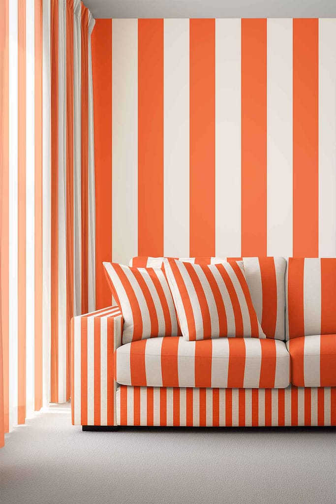 Wallpaper featuring bold vertical stripes in orange, blue, and white, creating a visually striking pattern.