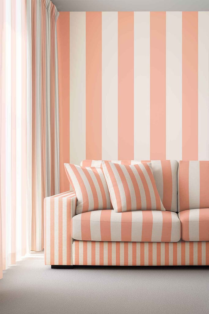 Wallpaper with blue stripe accents adds a coordinated, visually striking touch to the room; blue stripes stand out against a light background.