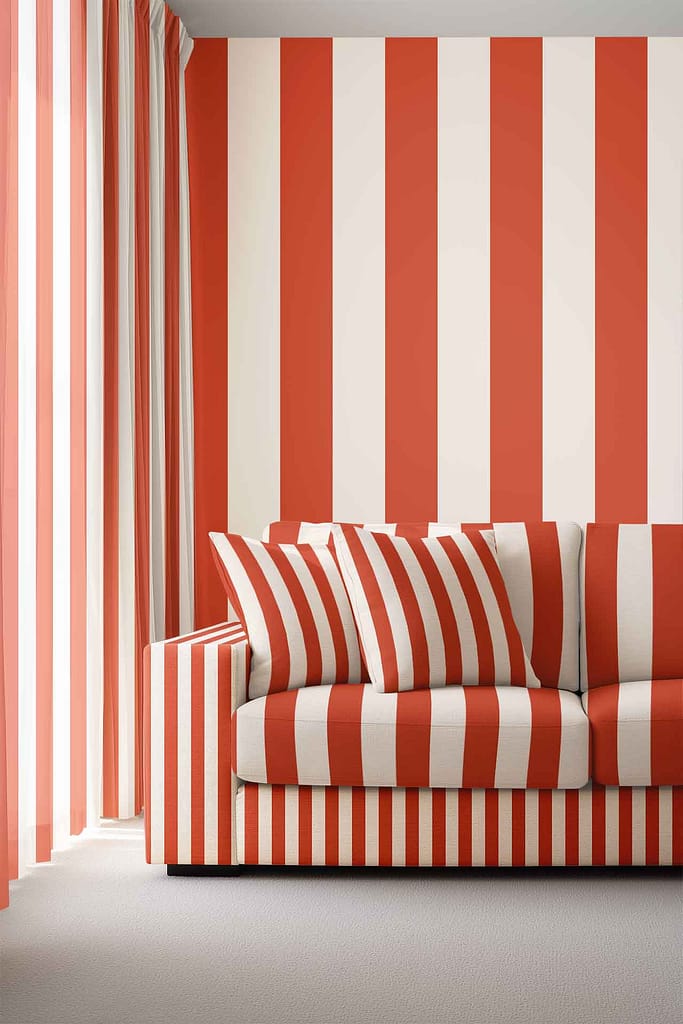 Wallpaper with bold vertical copper stripes and white patterns, featuring a striking modern design with metallic copper accents on a white background.