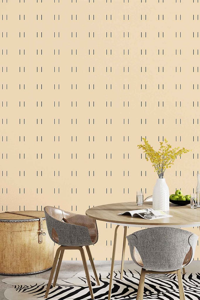 Beige wallpaper with a minimalist black dash pattern provides a subtle, modern backdrop. The linear black dashes on the soft beige background create visual interest and a contemporary look.