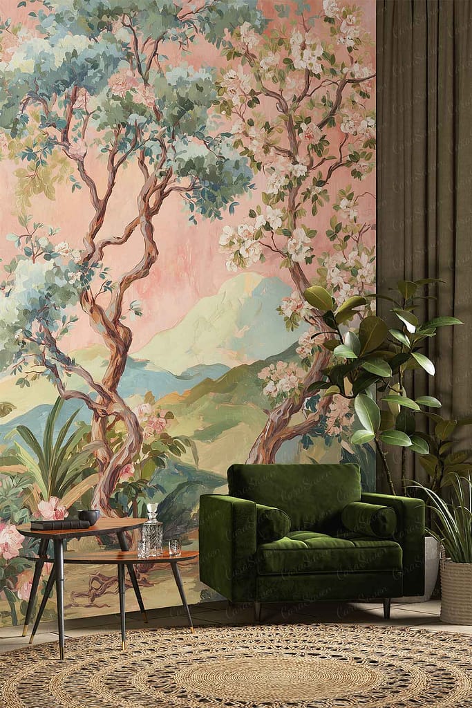 Large Peachy Petals wallpaper featuring blossoming trees and distant mountains set against a pink background, with soft hues of peach, green, and white.