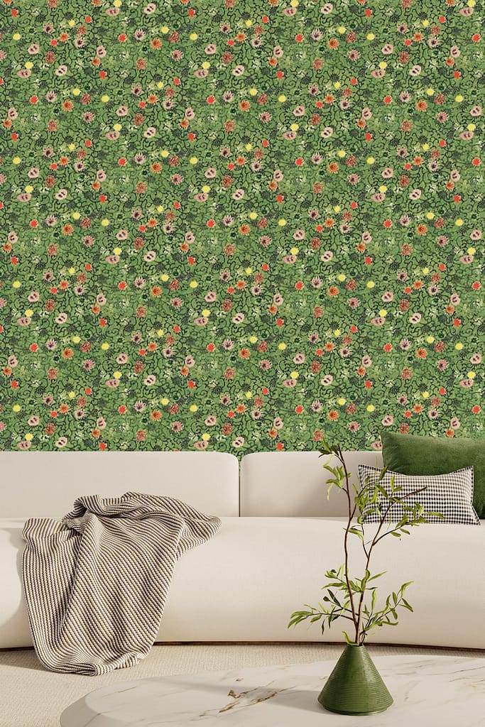 Vibrant green floral wallpaper featuring lush leaves and botanical patterns in varying shades of green, adding an energetic, nature-inspired backdrop to the living room.