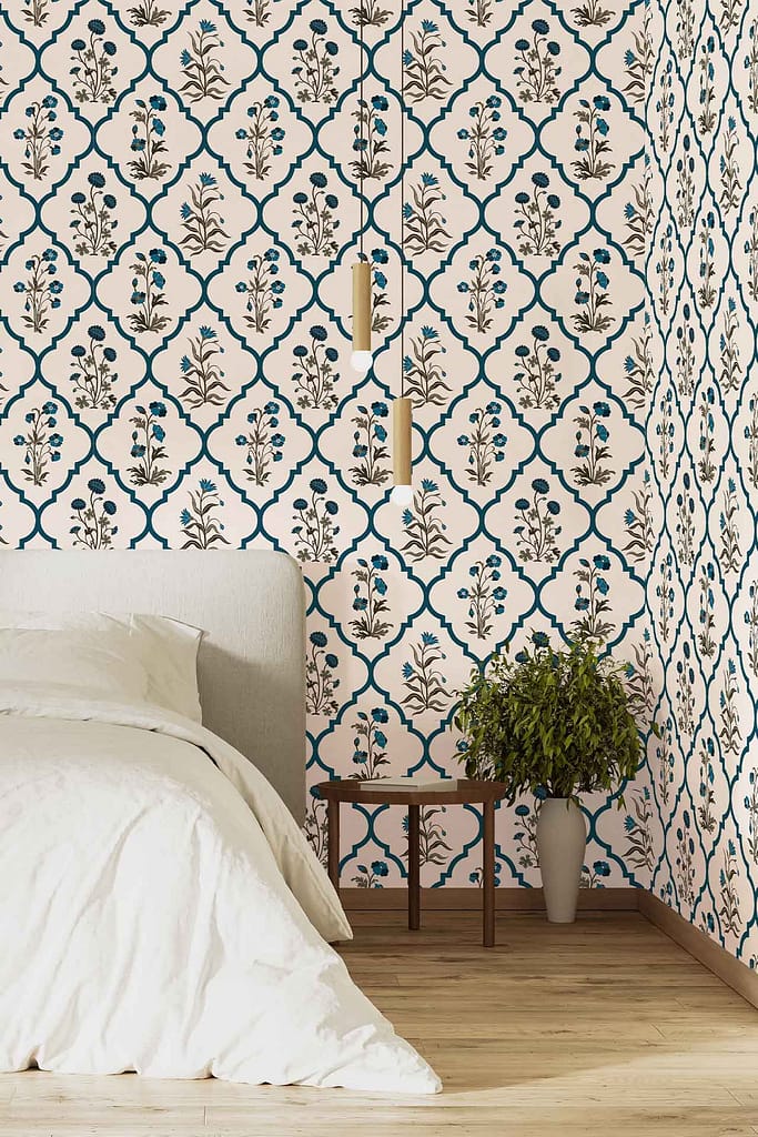 Blue and beige floral patterned wallpaper with intricate flower designs in soft blue and beige hues.