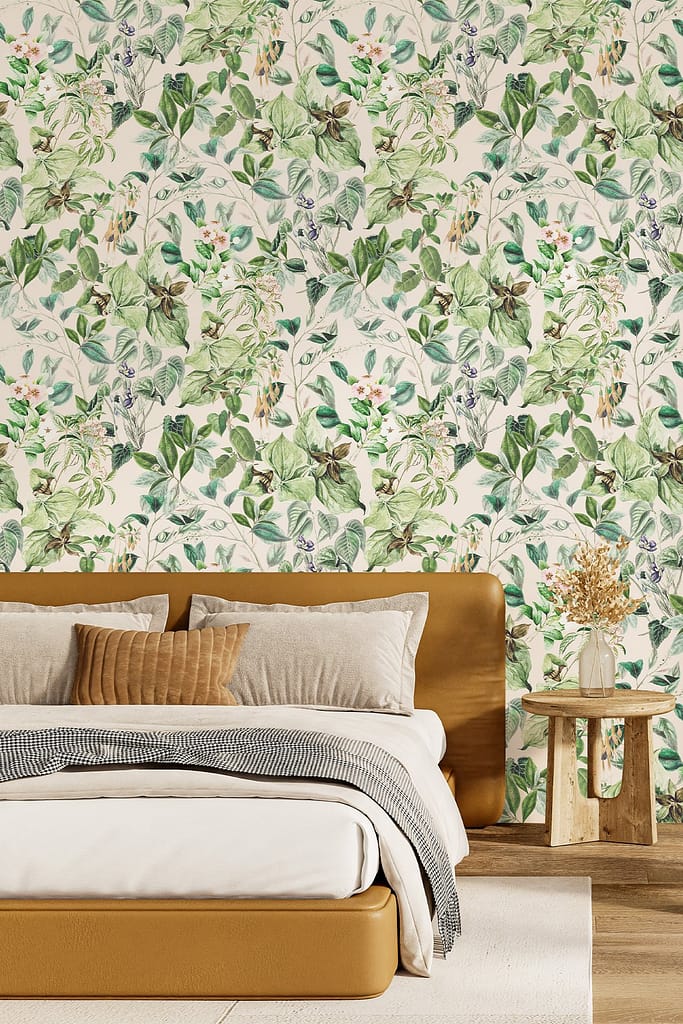 Green leafy botanical wallpaper featuring shades of green foliage and subtle peach-colored petals.