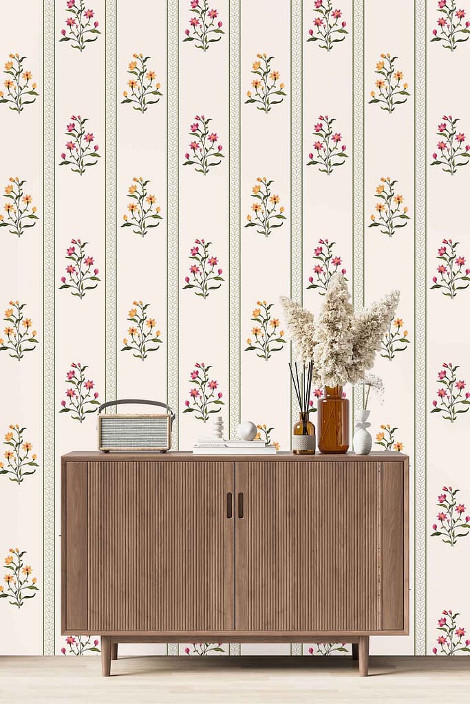 Beige wallpaper with vertical stripes featuring pink and orange floral patterns, evoking the style of Porcelain Petals.