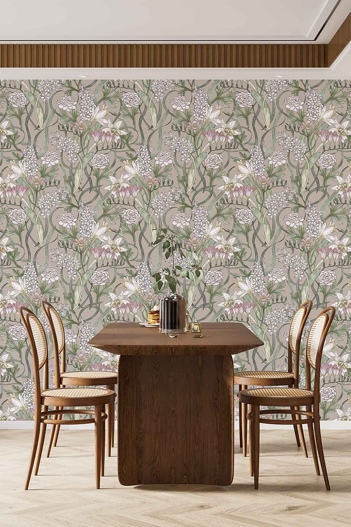 Floral-patterned wallpaper with green leaves and pink Blushing Bride flowers.