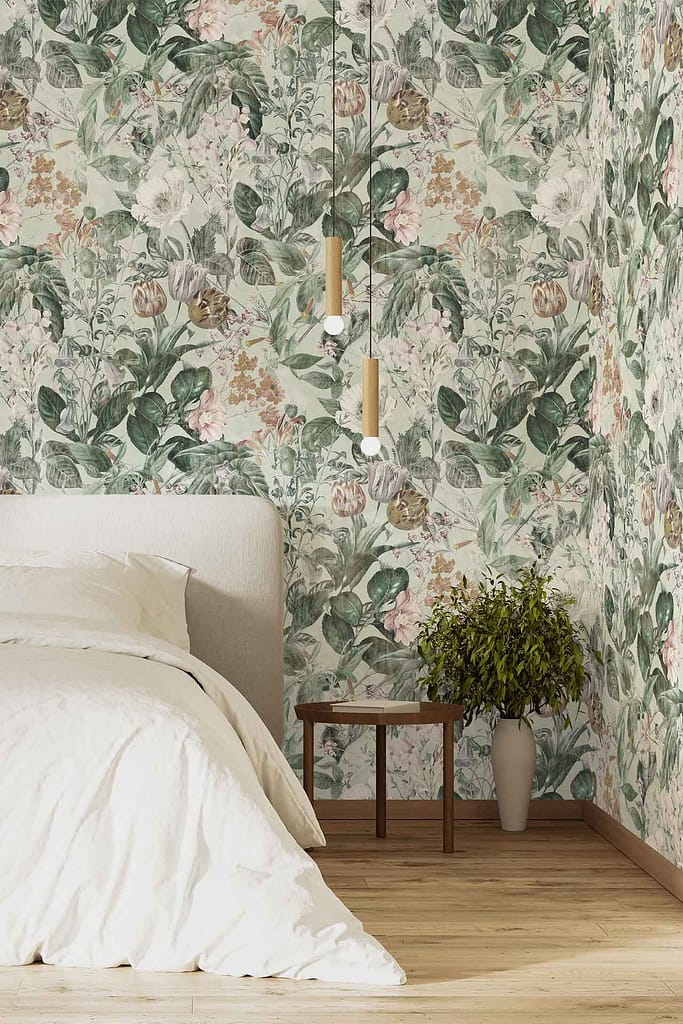 Blushing Bride floral-patterned wallpaper featuring delicate pink and white flowers with subtle green foliage, creating a soft and romantic backdrop.
