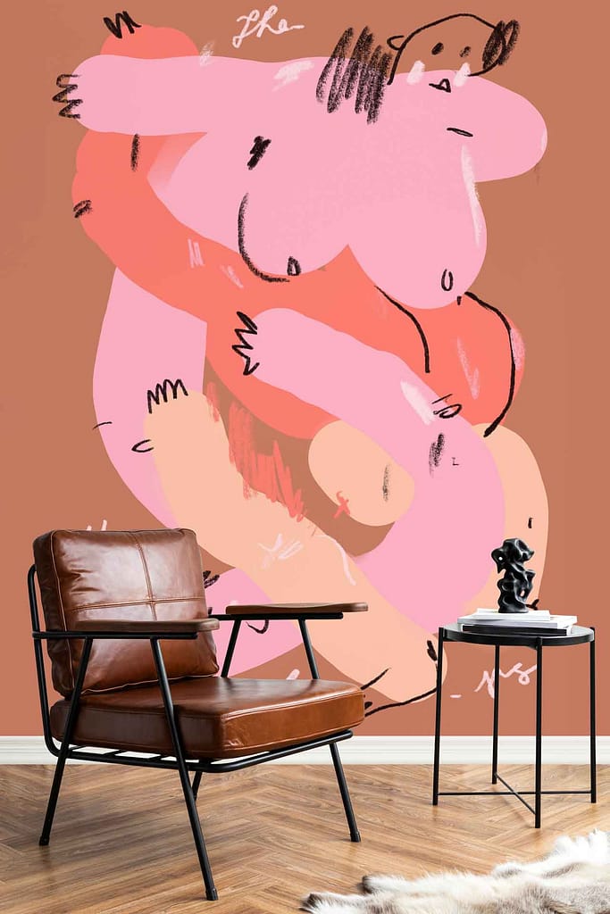 Bold abstract mural wallpaper with intertwined nude human figures in shades of pink and peach.