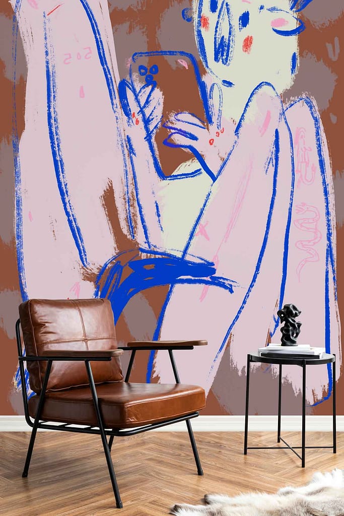 Large mural wallpaper with abstract, colorful line art featuring a figure holding a phone; vibrant hues and bold shapes make the design visually striking and unique.