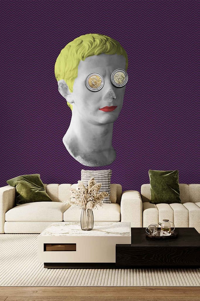 Wall art wallpaper featuring a classical bust with yellow hair, red lips, and gold coins over its eyes; pops of bold colors on a white background.