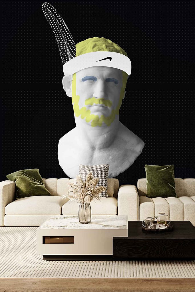 Wallpaper features a large mural from the Series of Tragedies: a classical bust with a white Nike headband, yellow highlights, and a feather behind the head. Colors include white, yellow, and natural stone tones.