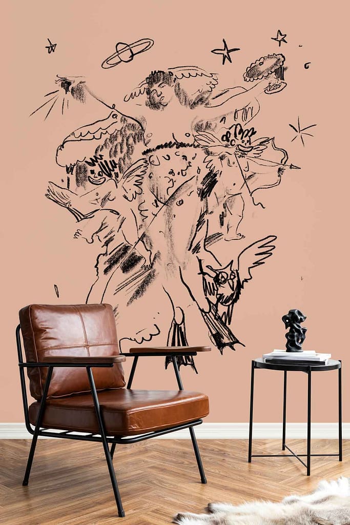 Abstract black line art mural on a peach wall featuring mythological figures, winged creatures, stars, and playful balloon animals; prominent black lines on a warm peach background.