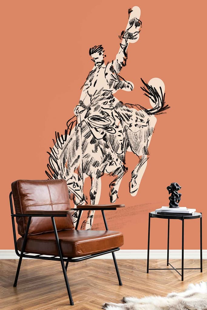 Sketch-style wallpaper with a large cowboy riding a bucking horse on warm terracotta background, accented by colorful playful balloon animals.
