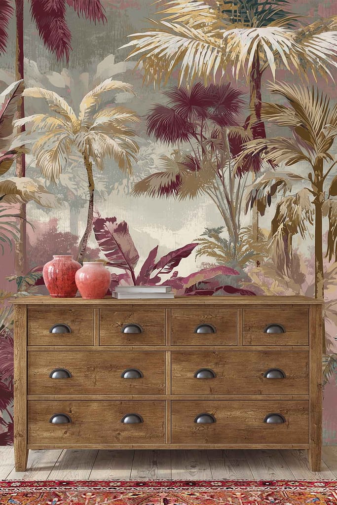 Wallpaper features a large tropical jungle mural with palm trees and lush foliage in muted pink and green tones.