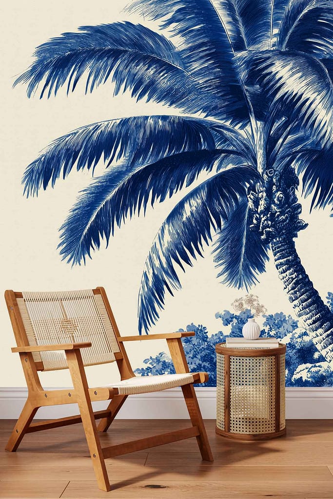 Large, detailed blue palm tree illustration on the wallpaper stands out against a light background, featuring intricate palm leaves and bold blue tones.