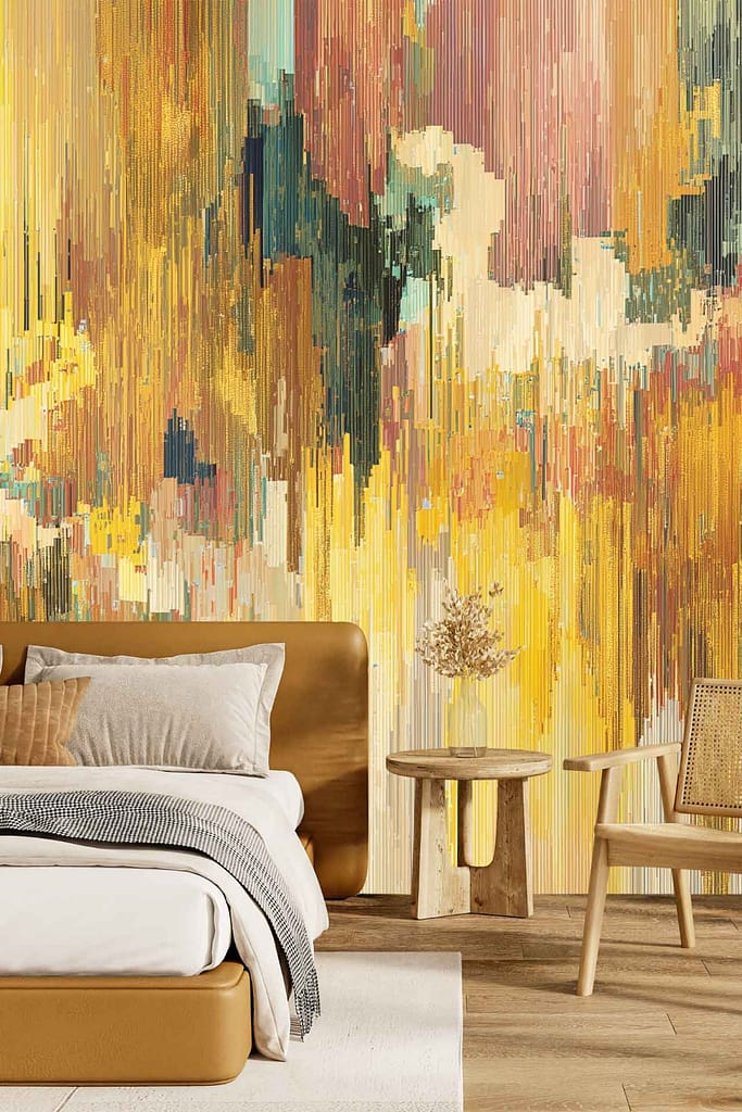 Vibrant abstract wall mural inspired by Skin Science, featuring bold yellow, gold, blue, and orange tones with dynamic shapes and patterns.