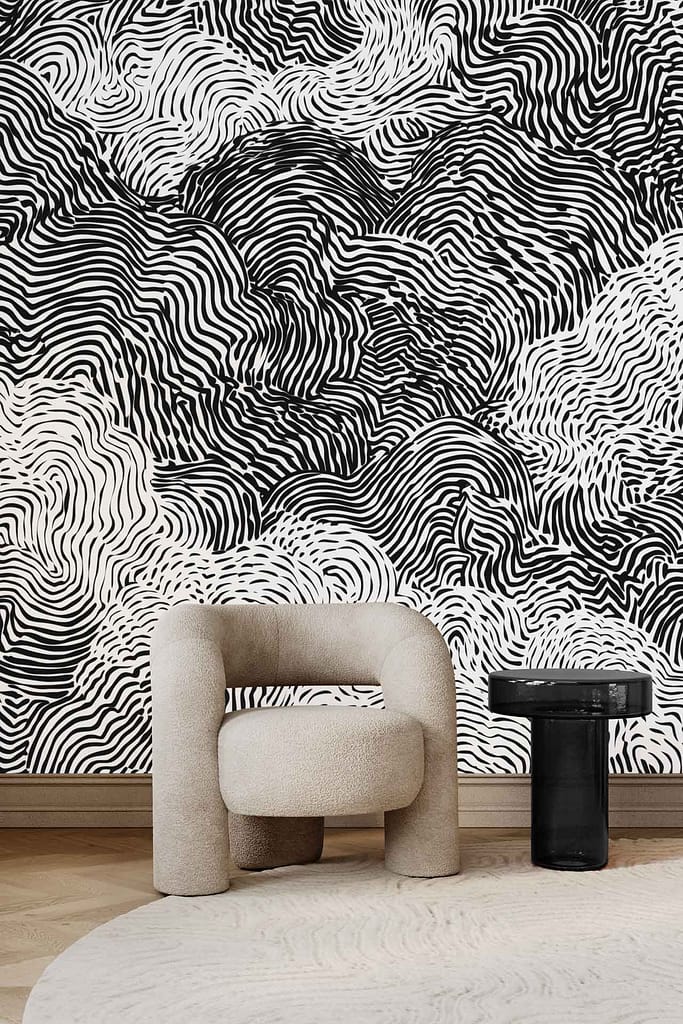 Bold black and white wavy striped abstract wallpaper with high-contrast, undulating lines creating a dynamic pattern.