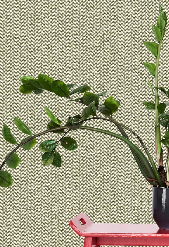 Patterned beige wallpaper with subtle decorative elements and soft neutral tones in the background.