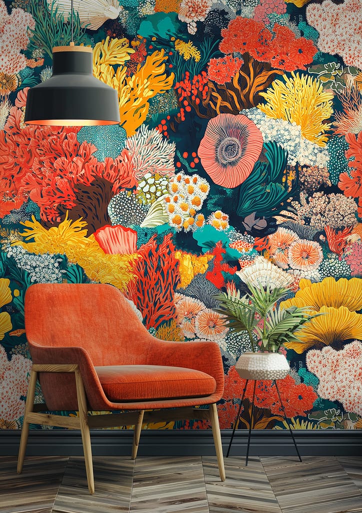 A vibrant, tropical-themed mural features a colorful coral reef with vivid hues of blues, purples, oranges, and greens. The design includes various marine life such as fish and corals that bring the underwater scene to life. This dynamic wallpaper creates an inspiring backdrop for the room.