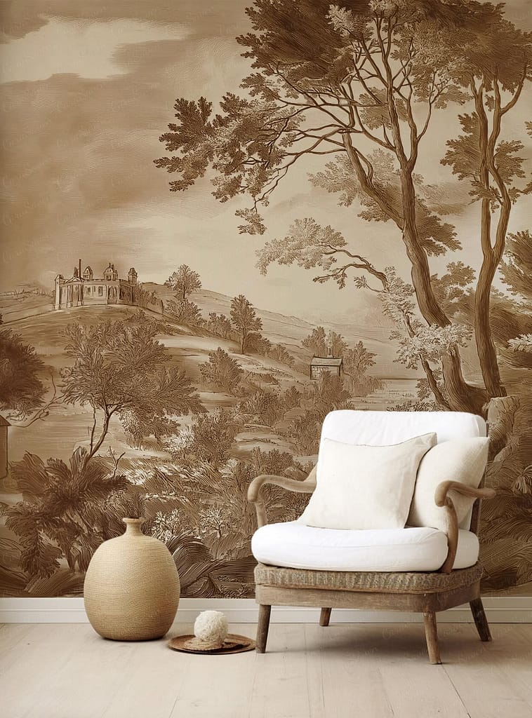 Sepia-toned mural with an uplifted landscape, featuring trees and a classical building on a hill.