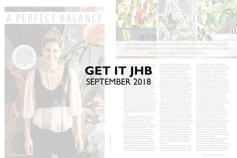 **A PERFECT BALANCE**

GET IT JHB SEPTEMBER 2018

The wallpaper of this elegant magazine spread showcases a harmonious blend perfect for any stylish home:

- **Background Color:** Subtle off-white with light texture
- **Motifs:** Delicate green vines and leaves sprawling across
- **Accents:** Hints of soft gold detailing interwoven with the greenery
- **Theme:** Nature-inspired, embodying calm and elegance

This design creates a serene backdrop that brings out the featured fashion while complementing the lush plants inset. The palette evokes tranquility, making it an ideal choice for those seeking sophistication in their decor.